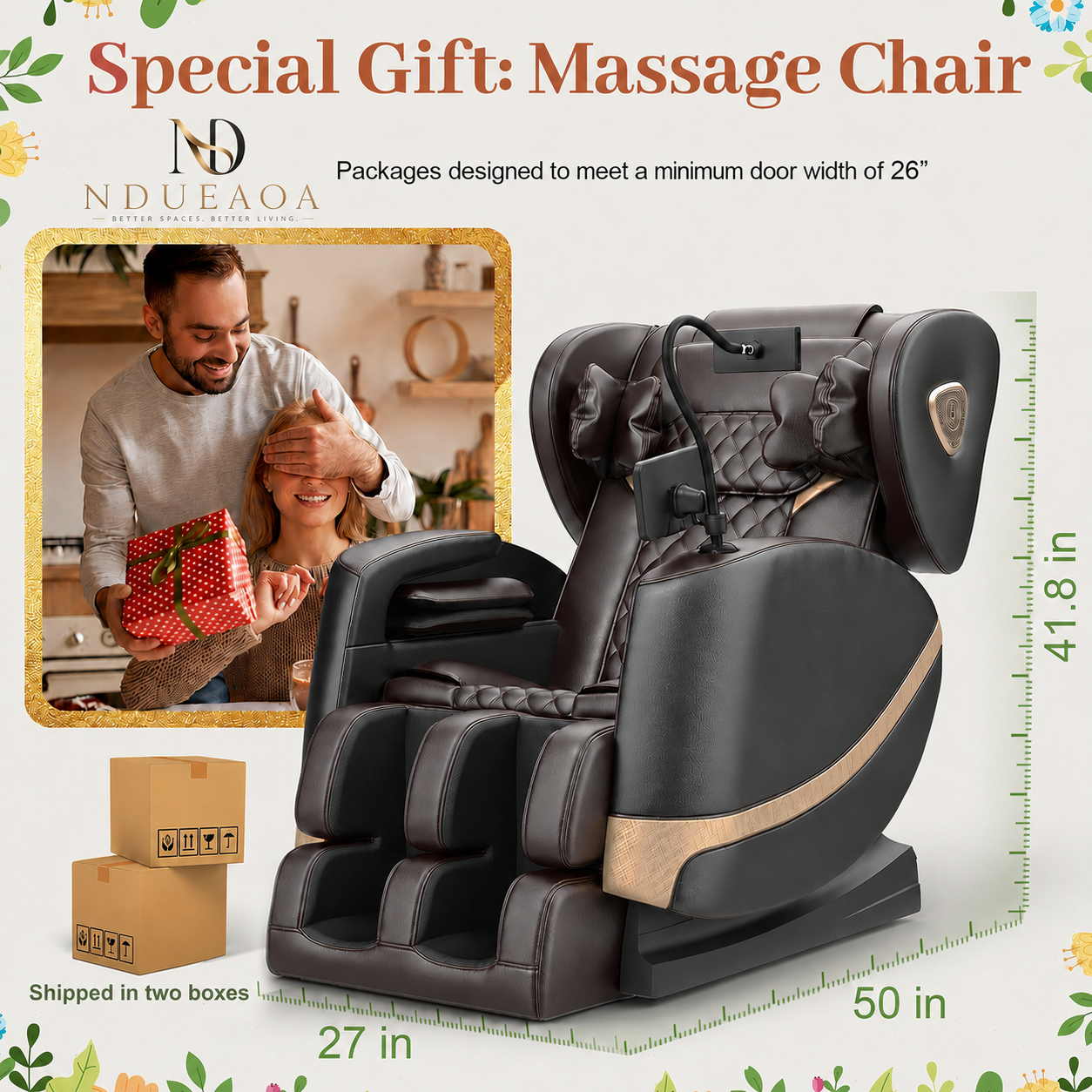 NDUEAOA™ 2026 Full Body Zero Gravity Massage Chair – 14 Shiatsu Rollers, 10 Airbags, Heat, Foot Massage, Bluetooth & Touchscreen