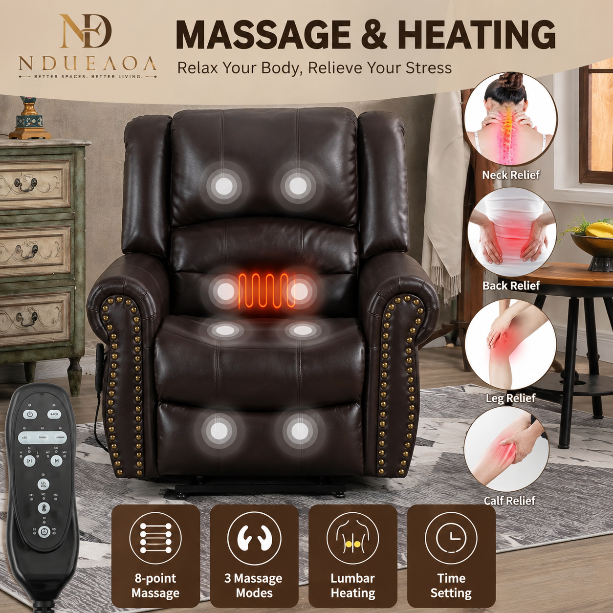 NDUEAOA™ Dual Motor Power Lift Recliner Chair with Massage & Heat, USB Charging & Faux Leather – for Seniors