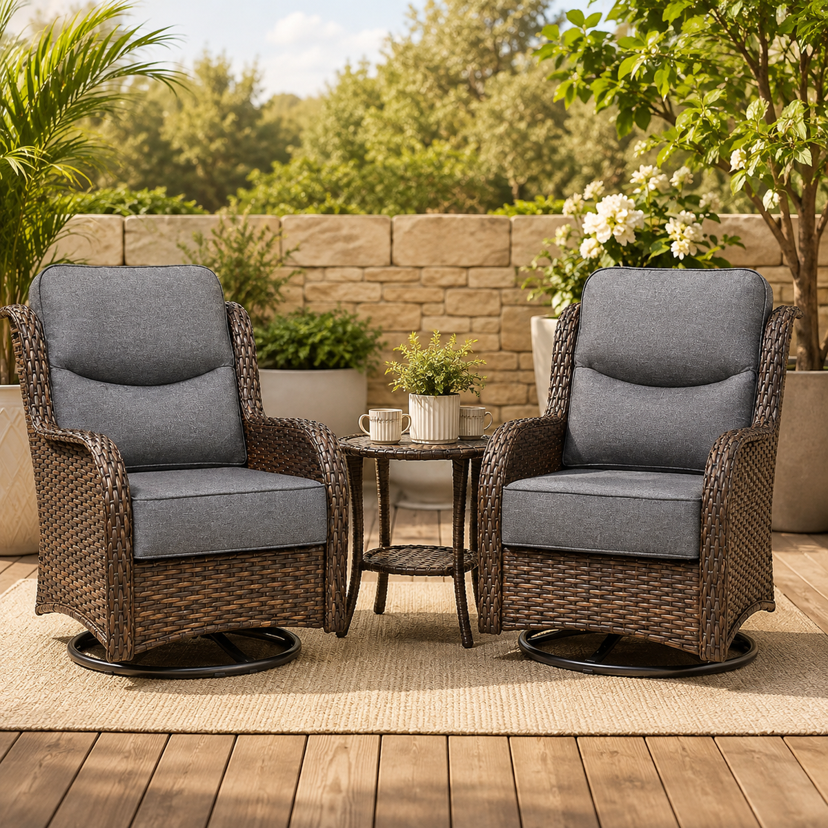 NDUEAOA™ 3PCS Outdoor Patio Swivel Glider Chairs – Comfortable Rocking Chair Set with Cushions for Porch & Backyard