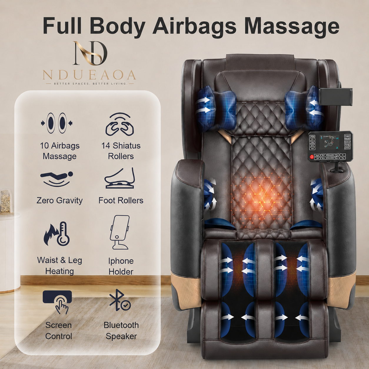 NDUEAOA™ 2026 Full Body Zero Gravity Massage Chair – 14 Shiatsu Rollers, 10 Airbags, Heat, Foot Massage, Bluetooth & Touchscreen