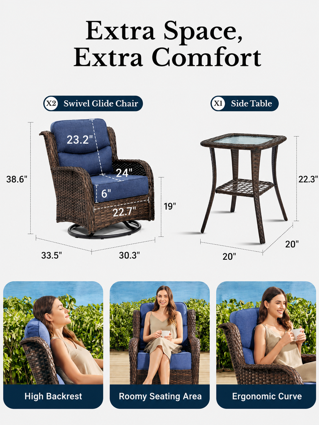 NDUEAOA™ 3PCS Outdoor Patio Swivel Glider Chairs – Comfortable Rocking Chair Set with Cushions for Porch & Backyard