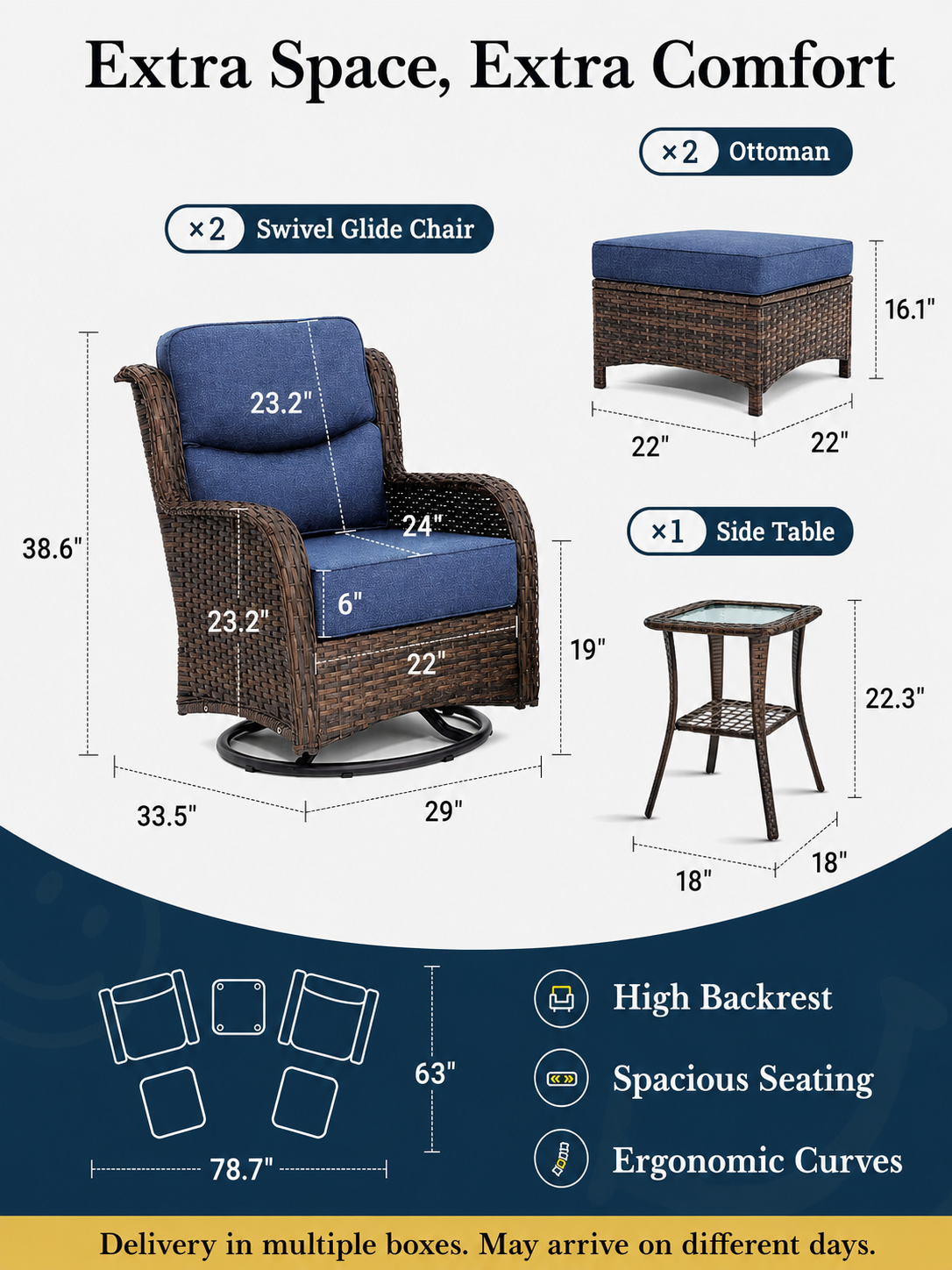 NDUEAOA™ 3PCS Outdoor Patio Swivel Glider Chairs – Comfortable Rocking Chair Set with Cushions for Porch & Backyard