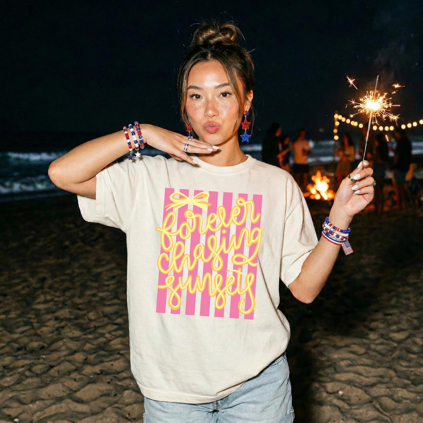 Sunset Graphic Tee – Retro 70s Beach Vacation Striped Shirt by The Saltwater Press