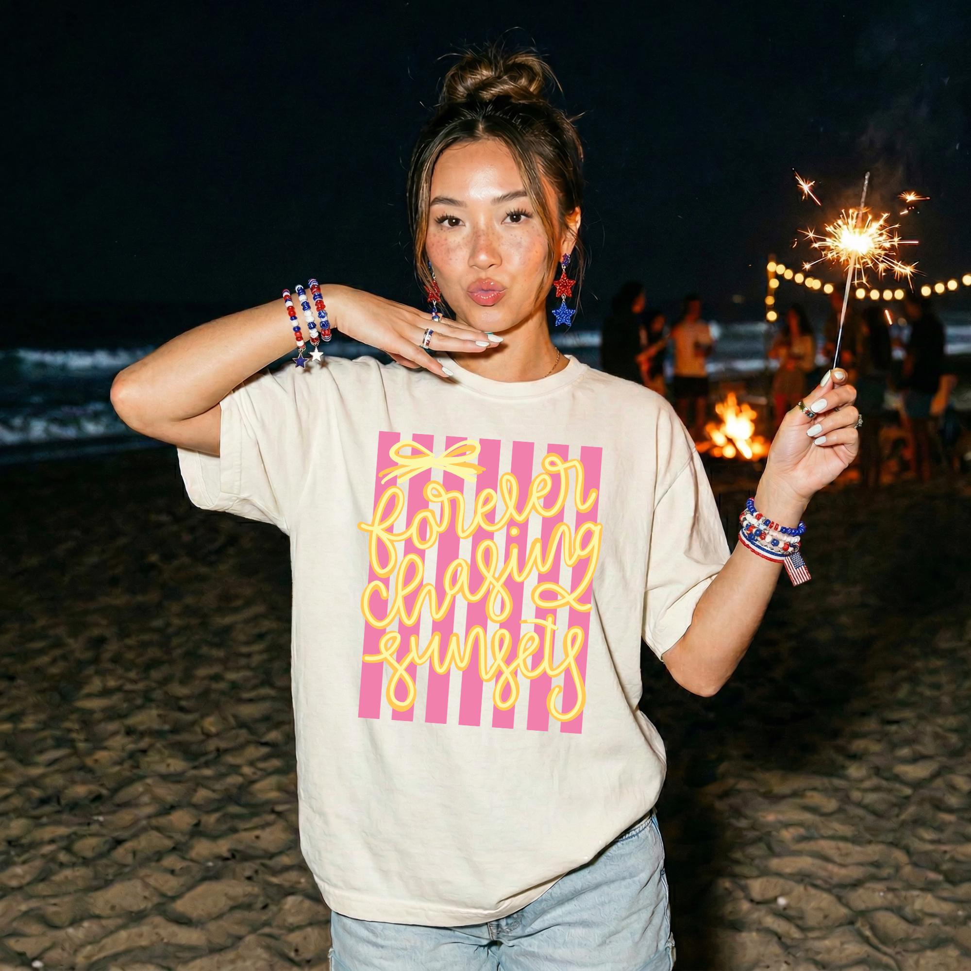 Sunset Graphic Tee – Retro 70s Beach Vacation Striped Shirt by The Saltwater Press