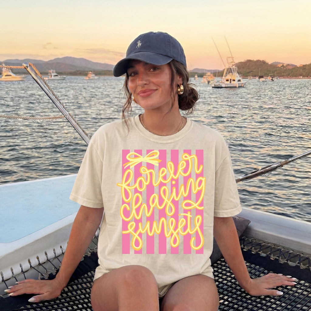 Sunset Graphic Tee – Retro 70s Beach Vacation Striped Shirt by The Saltwater Press
