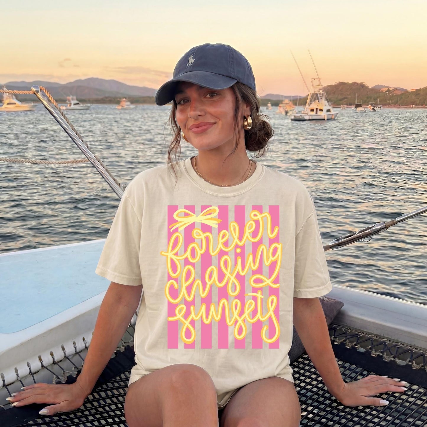 Sunset Graphic Tee – Retro 70s Beach Vacation Striped Shirt by The Saltwater Press