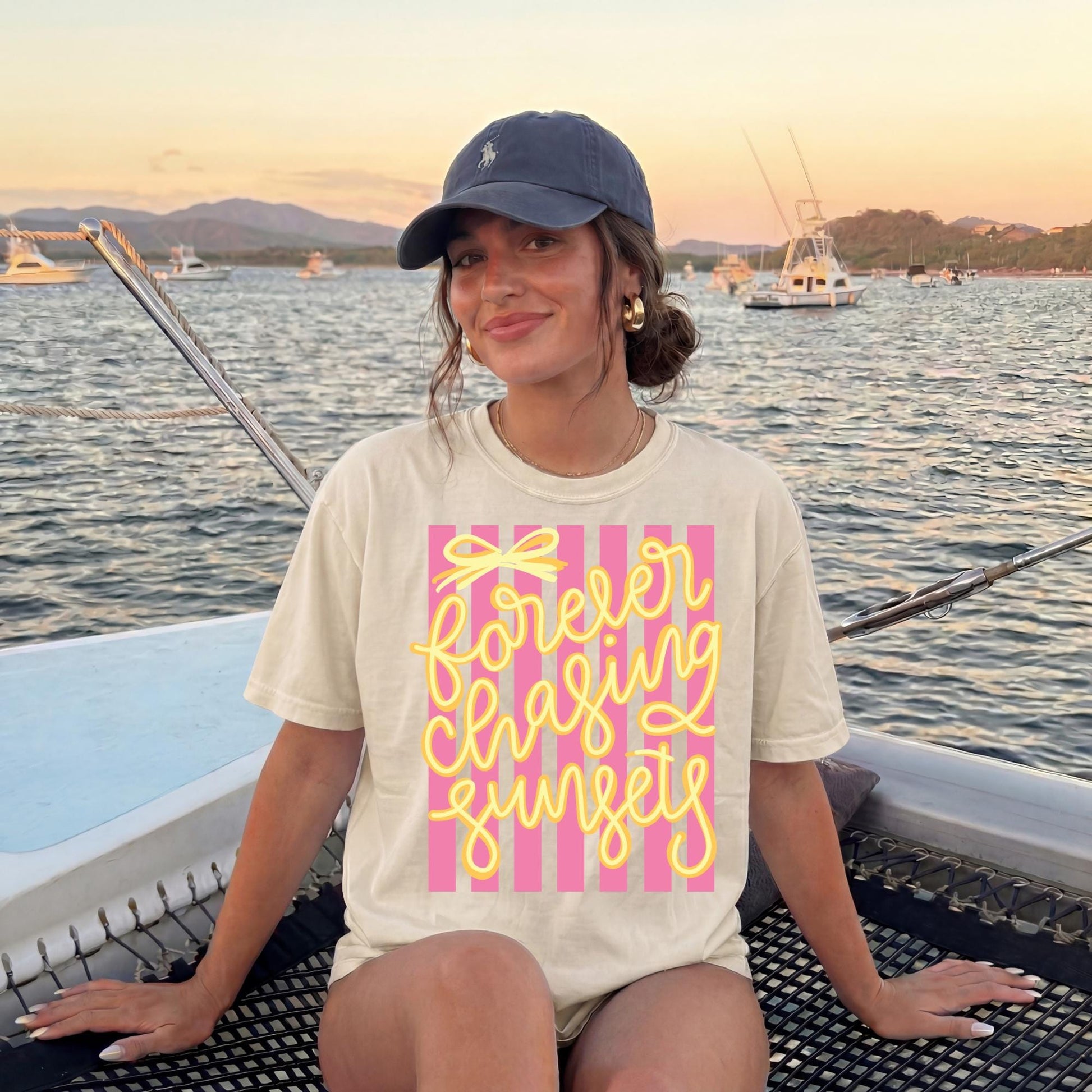 Sunset Graphic Tee – Retro 70s Beach Vacation Striped Shirt by The Saltwater Press