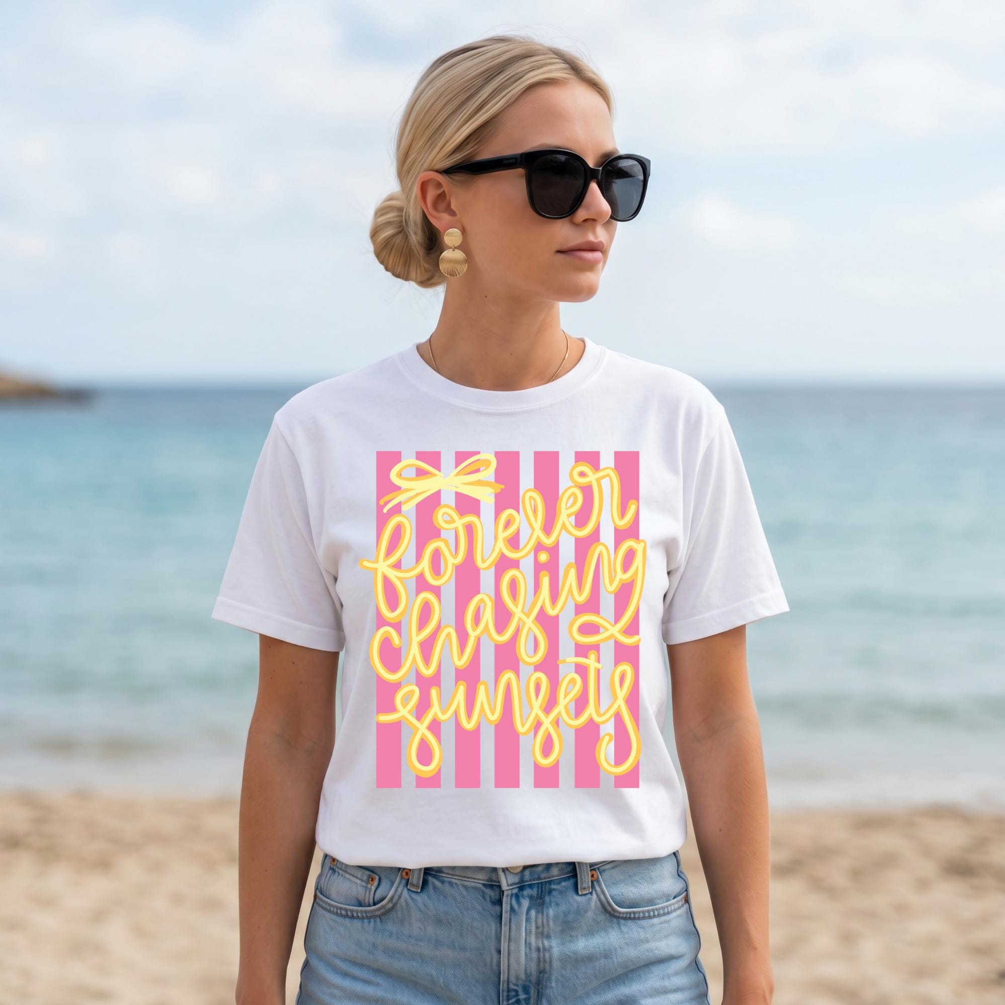 Sunset Graphic Tee – Retro 70s Beach Vacation Striped Shirt by The Saltwater Press