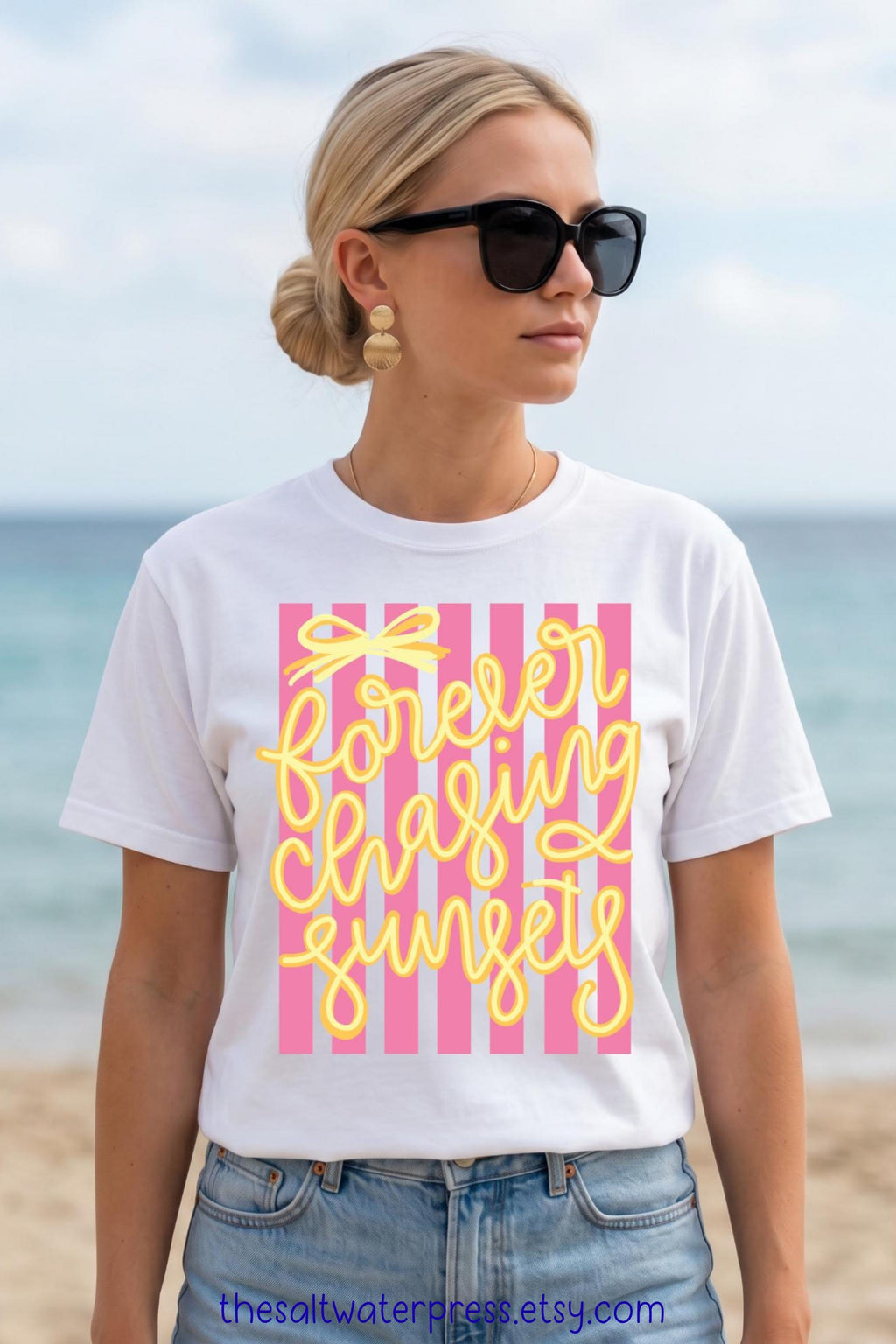 Sunset Graphic Tee – Retro 70s Beach Vacation Striped Shirt by The Saltwater Press