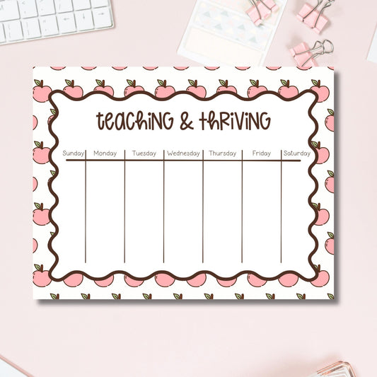 Teacher Weekly Planner – Tearaway Desk Notepad with Apple Border by The Saltwater Press